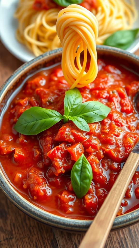 A bowl of rich homemade marinara sauce garnished with basil, alongside a plate of spaghetti.
